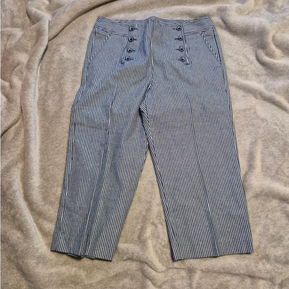 Larry Levine SPT Blue White Striped Pants Wide Leg Cropped Button Front Size 12